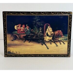 Russian lacquer box featuring a "Troika" scene. Trinket / Jewelry Box